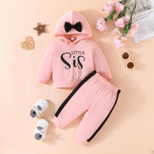 Polyester Girl Clothes Set with bowknot Sweatshirt & Pants printed letter pink Set