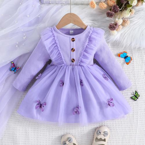 Polyester A-line Girl One-piece Dress printed butterfly pattern purple PC