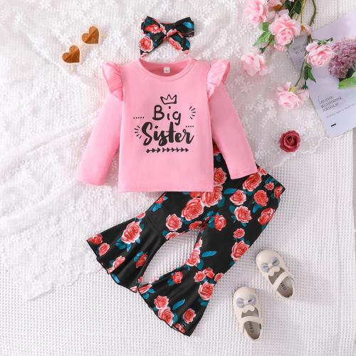 Polyester Girl Clothes Set with bowknot Pants & top printed floral pink Set