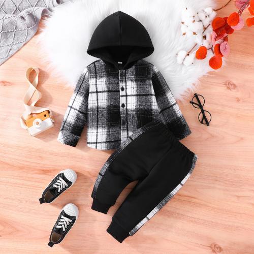 Polyester With Siamese Cap Boy Clothing Set Pants & coat printed plaid white and black Set