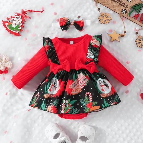 Cotton Christmas costume Baby Skirt Hair Band & dress printed mixed pattern Set