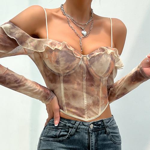 Polyester Slim Women Long Sleeve Blouses & off shoulder printed floral Apricot PC