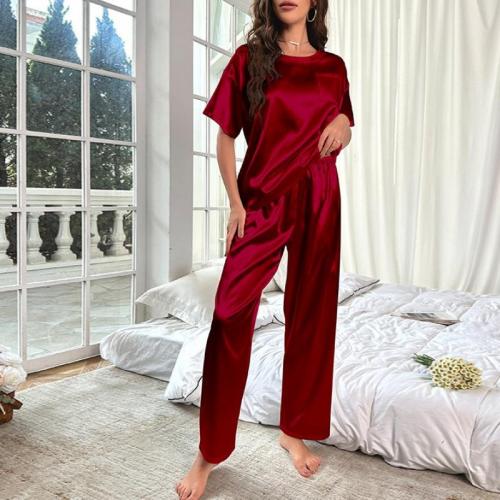 Polyester Women Pajama Set & two piece Pants & top Solid Set