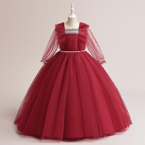 Viscose & Polyester Princess & Ball Gown Girl One-piece Dress patchwork wine red PC