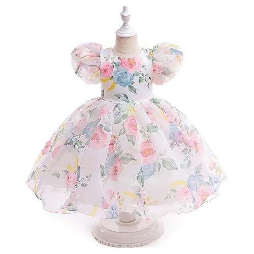 Viscose & Polyester Princess & Ball Gown Girl One-piece Dress printed floral mixed colors PC