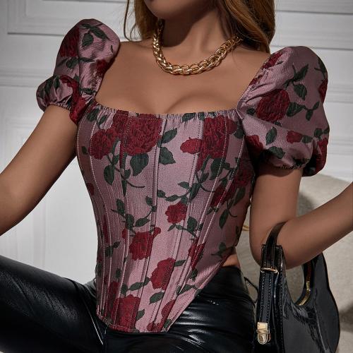 Polyester Slim Women Short Sleeve Blouses & hollow printed floral fuchsia PC