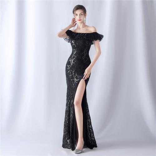 Sequin & Polyester Slim Long Evening Dress side slit & tube embroidered Solid PC