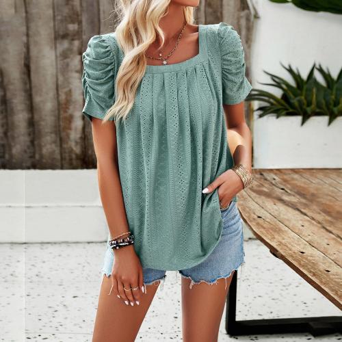 Polyester Women Short Sleeve Blouses & loose & hollow Solid PC