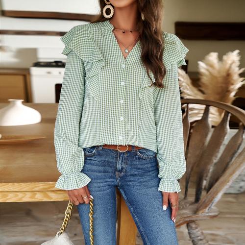 Polyester & Cotton scallop Women Long Sleeve Shirt slimming plaid PC