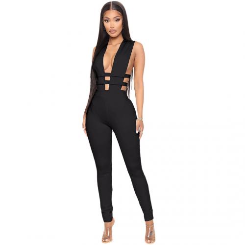 Polyester Long Jumpsuit deep V & backless & hollow Solid PC