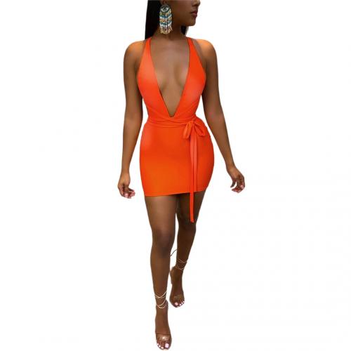 Polyester Sexy Package Hip Dresses deep V & backless & breathable Solid PC