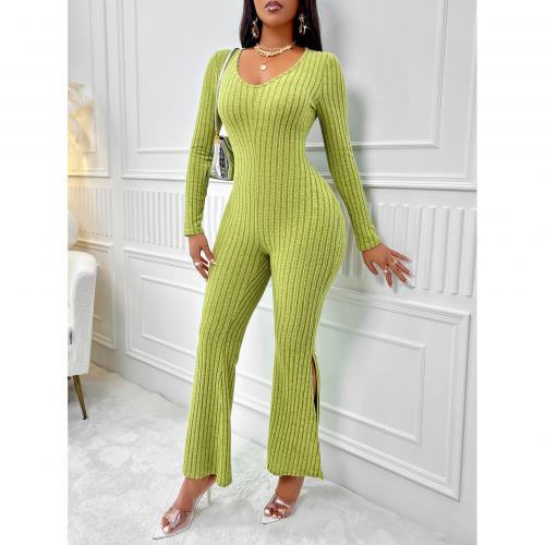 Polyester Long Jumpsuit side slit & hollow patchwork Solid green PC