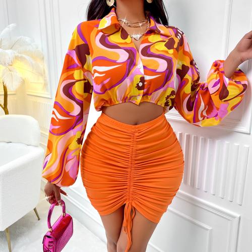 Polyester Slim Two-Piece Dress Set midriff-baring printed orange Set