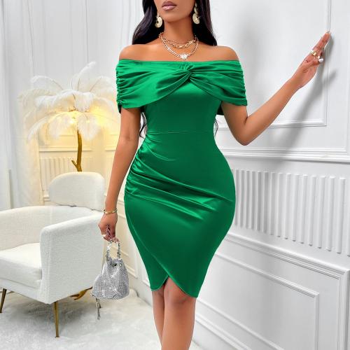 Polyester Slim Sexy Package Hip Dresses & off shoulder patchwork Solid green PC