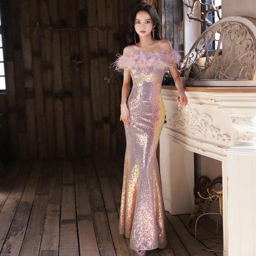 Polyester Slim Long Evening Dress & tube patchwork Solid pink PC