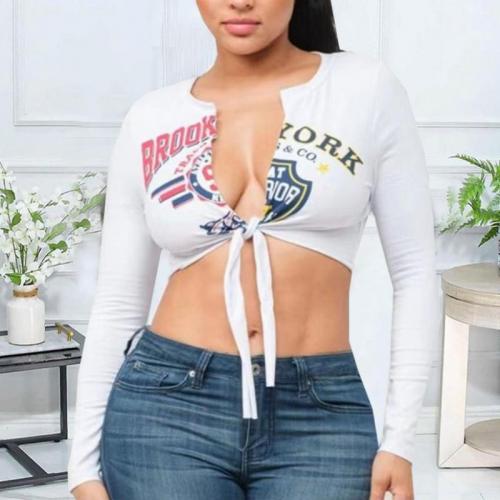 Polyester Women Long Sleeve T-shirt midriff-baring & hollow printed letter PC