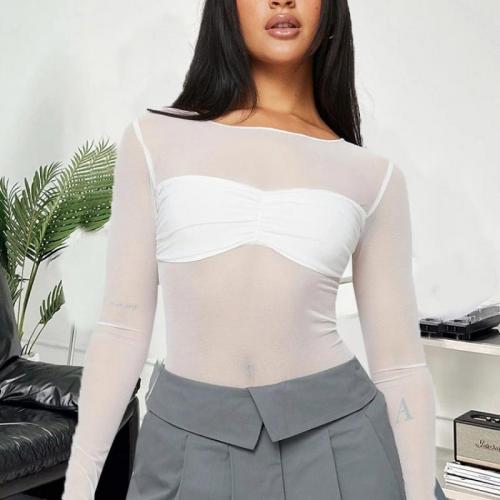 Polyester Slim Women Long Sleeve T-shirt see through look patchwork Solid white PC