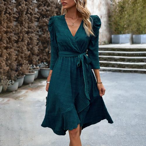 Polyester Waist-controlled One-piece Dress deep V & breathable deep green PC