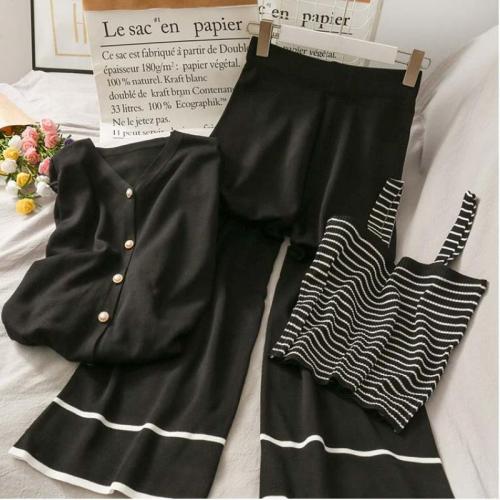 Acrylic Wide Leg Trousers & High Waist Women Casual Set three piece & loose Long Trousers & camis & coat knitted striped : Set