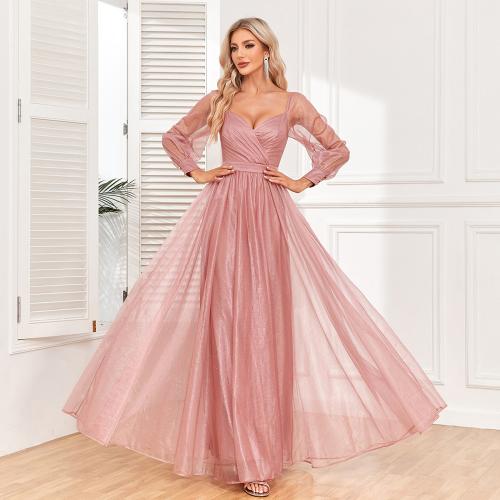 Polyester Slim Long Evening Dress large hem design & backless pink PC