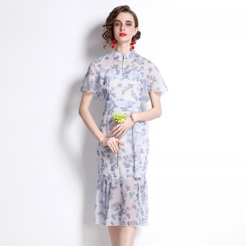 Polyester Waist-controlled Women Cheongsam see through look & double layer printed shivering PC