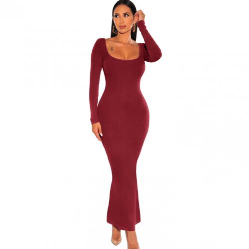Polyester Waist-controlled Sexy Package Hip Dresses & ankle-length & skinny style stretchable Solid PC