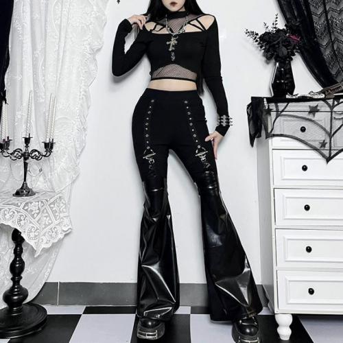 Polyester Women Casual Set & hollow Long Trousers & long sleeve T-shirt patchwork Solid black Set