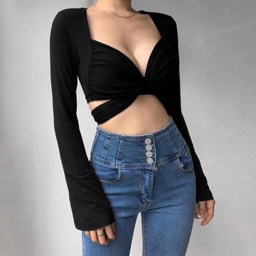 Polyester Slim Women Long Sleeve T-shirt midriff-baring patchwork Solid white and black PC