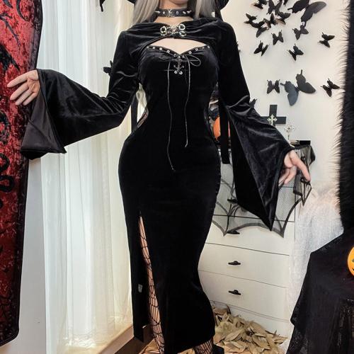 Velveteen (Velveteen) Tweedelige jurk set Lappendeken Solide Zwarte Instellen