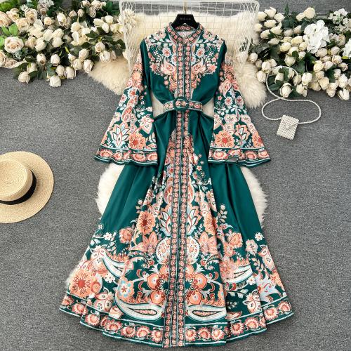 Mixed Fabric Waist-controlled One-piece Dress & breathable printed green PC