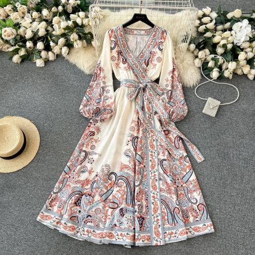Mixed Fabric Waist-controlled One-piece Dress & breathable printed Apricot PC