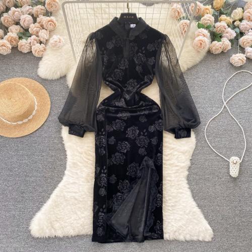 Mixed Fabric Waist-controlled Women Cheongsam side slit & breathable patchwork black PC