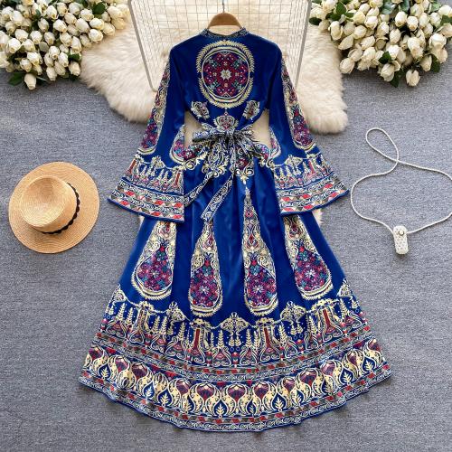 Gemischter Stoff Einteiliges Kleid, Gedruckt, Blau,  Stück