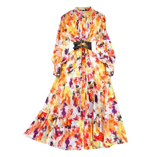 Polyester Waist-controlled One-piece Dress & breathable printed yellow PC