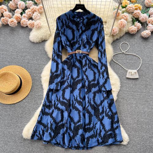 Mixed Fabric Waist-controlled One-piece Dress & breathable printed blue PC
