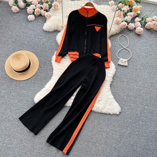 Mixed Fabric Wide Leg Trousers & High Waist Women Casual Set contrast color & two piece & loose Long Trousers & coat : Set