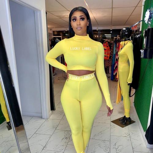 Polyester Crop Top & High Waist Women Casual Set & skinny Pants & top printed letter Set
