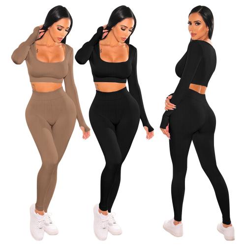 Polyester Women Sportswear Set midriff-baring & two piece & skinny & breathable Solid Set