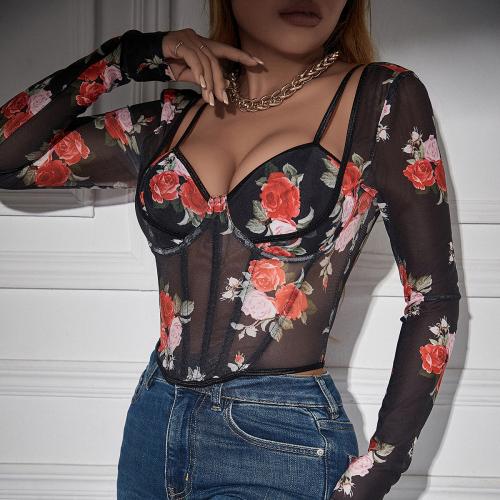 Polyester Slim Women Long Sleeve Blouses & hollow printed floral black PC