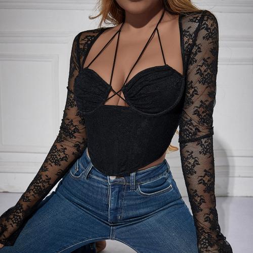 Polyester Slim Women Long Sleeve Blouses deep V black PC