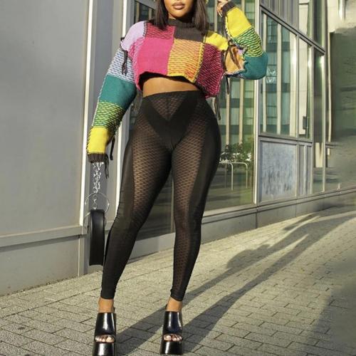 Polyester Crop Top Women Casual Set Long Trousers & sweater knitted multi-colored Set