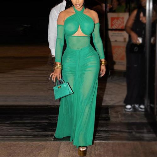Polyester Sexy Package Hip Dresses see through look & hollow patchwork Solid green Set