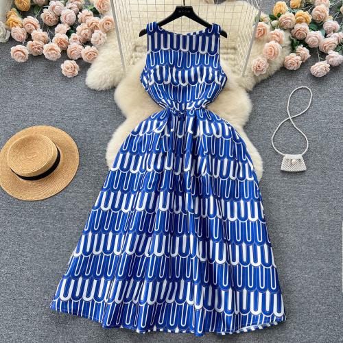 Mixed Fabric Waist-controlled One-piece Dress & breathable printed blue PC