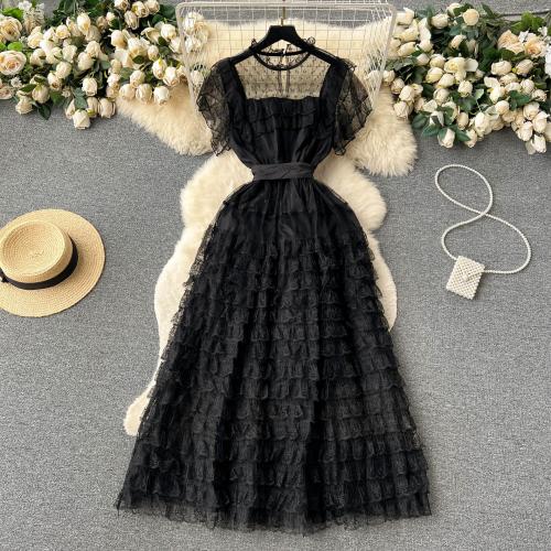 Gemischter Stoff Einteiliges Kleid, Schwarz,  Stück