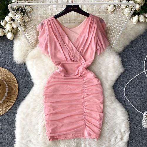 Mixed Fabric Waist-controlled One-piece Dress breathable Solid : PC
