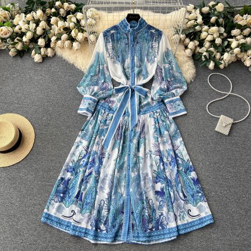 Mixed Fabric Waist-controlled One-piece Dress & breathable printed PC