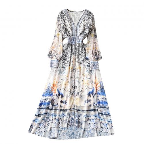 Mixed Fabric Waist-controlled One-piece Dress deep V & breathable printed PC