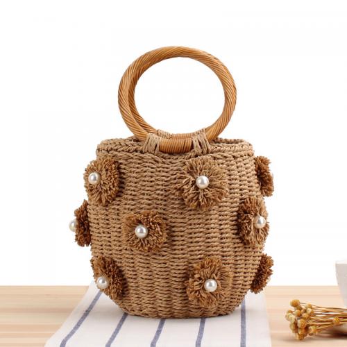 Paper Rope & Polyester Cotton & Plastic Pearl Easy Matching & Bucket Bag Woven Tote floral PC