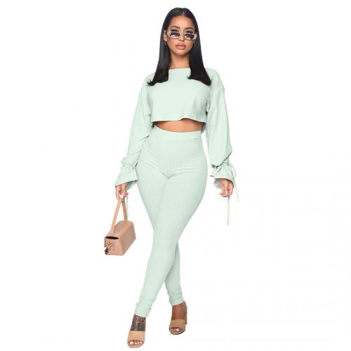 Polyester Crop Top Women Casual Set slimming & two piece Solid Set