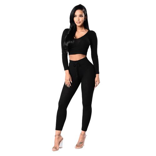 Polyester Women Casual Set midriff-baring & slimming & two piece Solid Set